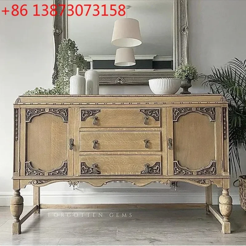 

European French antique old solid wood American log carving foyer entrance cabinet