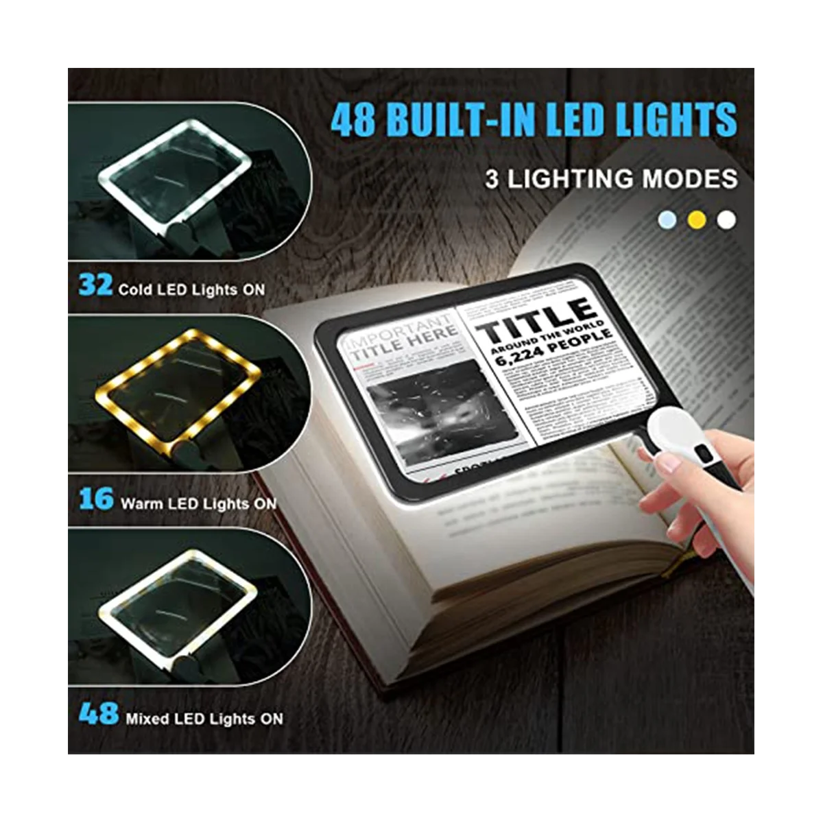 Imagem -05 - Lupa de Página Inteira para Leitura 5x Lupa Dobrável Iluminado Lupa com 48 Luzes Led Lupa Retangular de Mão