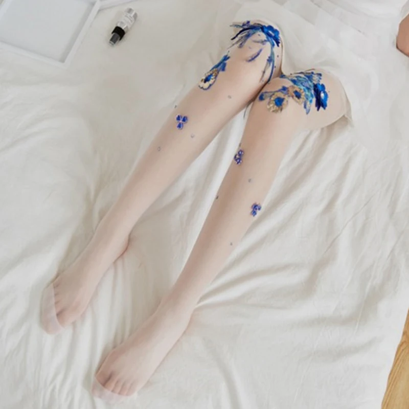 Women's Ultra-Sheer Handmade Embroidered Cherry Blue Siren Floral Pantyhose Non-Hooking Run-Resistant Control Top Stockings New