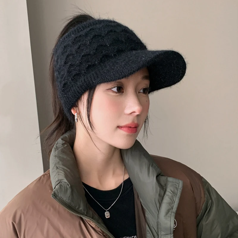 Autumn and winter women\'s hollow top hat padded warm duck tongue hat cold-proof knitted cap thickened woolen hat