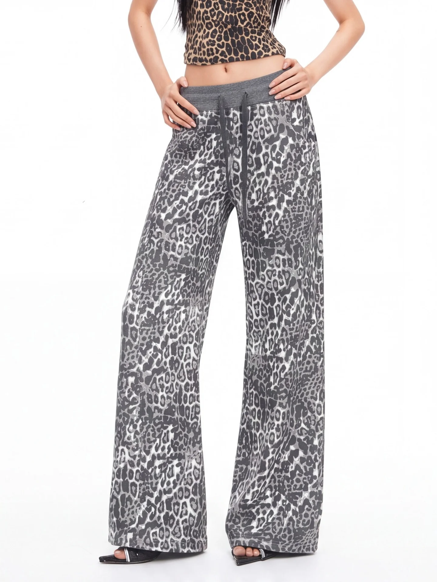 Loose Wide Leg Sweatpants Women's Drawstring Waist Back Print Casual Pants Ant Leopard Pattern Floor-Length Casual Trousers