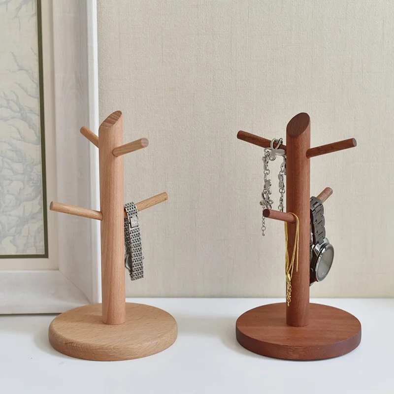 HeMu Tree-Shaped Wooden Cup Mug Holder,Multifunctional Jewelry Display Stand For Watch  Earring Home Tabletop Storage Organizer