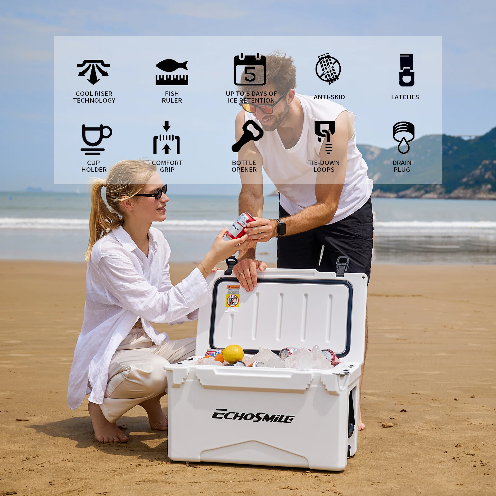 30 QT White Insulated Portable Cooler Box 5 Days Ice Retention Lightweight Ice Chest Box For BBQ