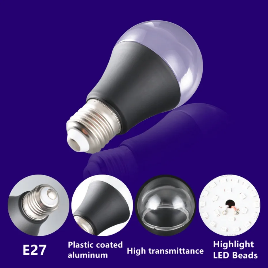 UV Purple Light Bulb A60 12W AC 85-265V PurpleTransparent Cover Hotel Party Ghost House Fluorescent Atmosphere Decoration Light