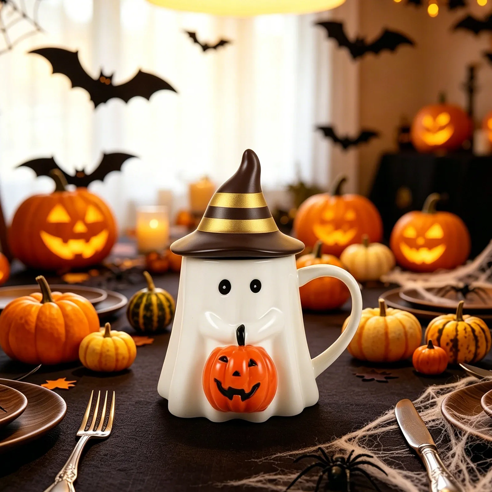 Halloween Ghost Pumpkin Ceramic Mug Cute Thick Ghost Shaped Cup with Witch Hat Lid for Autumn Hot Drinks Seasonal Table Decor