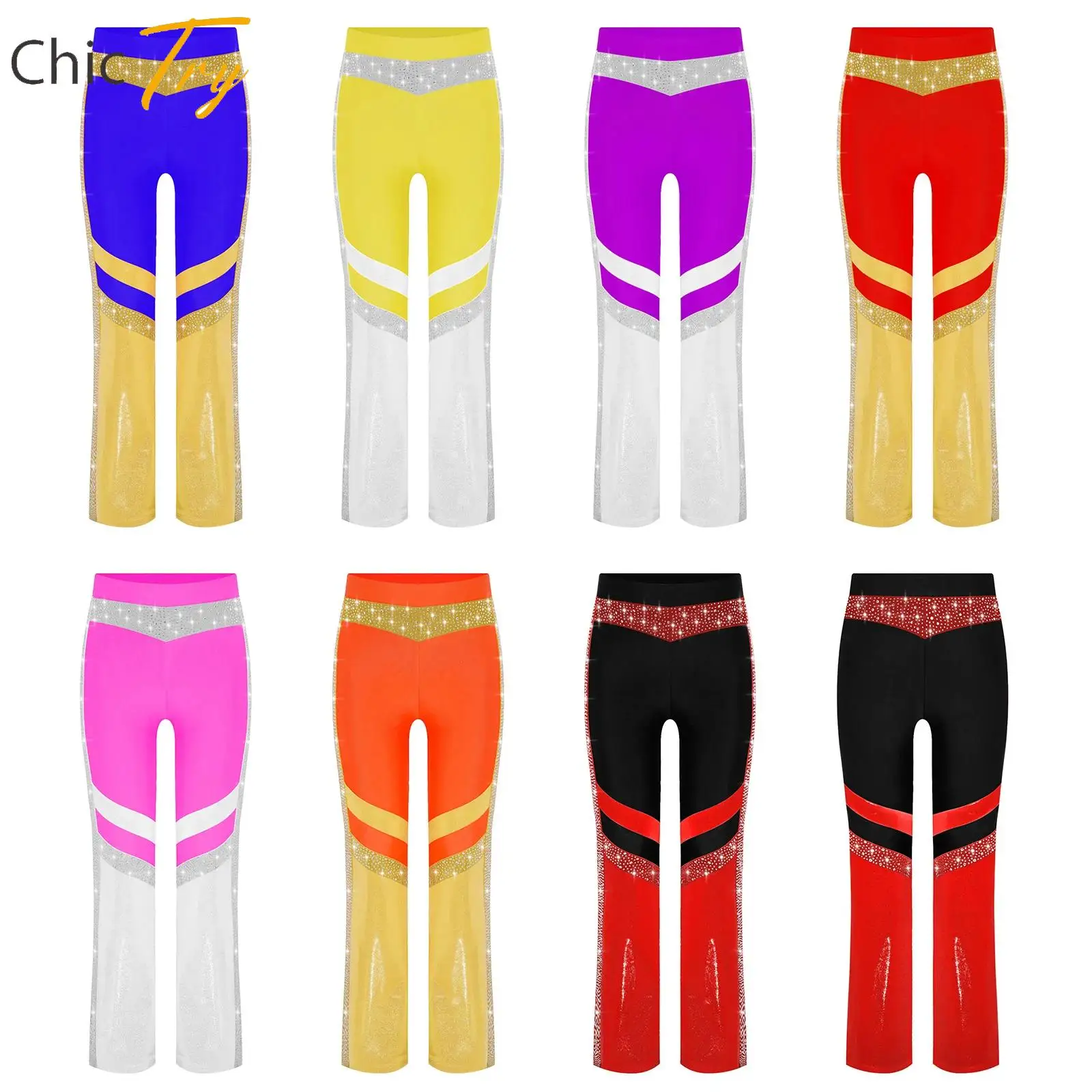 

Shiny Rhinestone Jazz Dance Pants Kids Girls Elastic Waistband Bell-Bottomed Trousers Dance Party Gymnastics Acrobatics Costumes