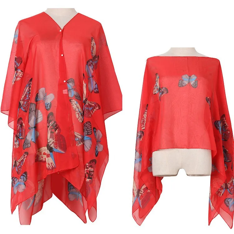 Women Sun Protection Shawl for Cycling Lady Summer Chiffon T-shirt Holiday Flower Scarf Bikini Blouse Breathable Beach Wrap P1