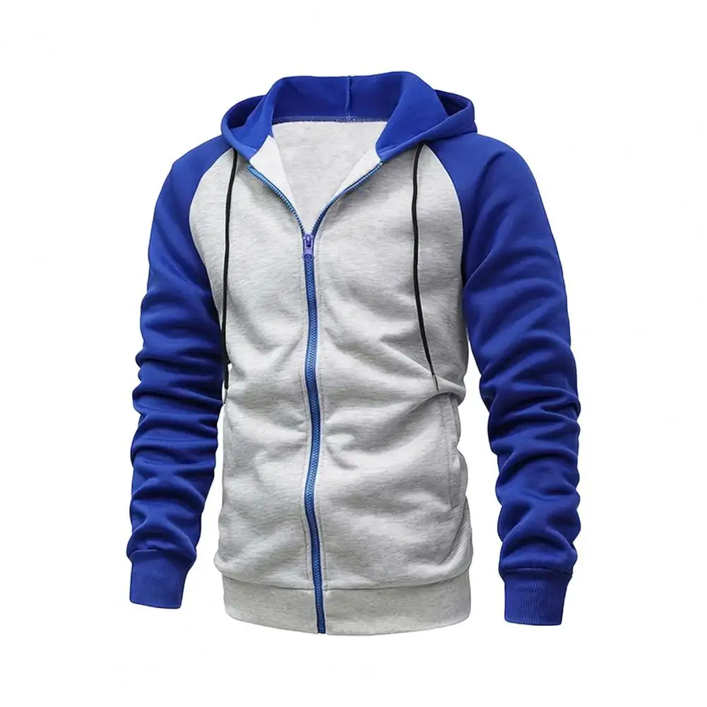 

Color-blocked Hoodie Contrasting Color Men's Hoodie with Drawstring Hood Zip-up Design Plush Stretchy Hem Sport Fitness Jacket