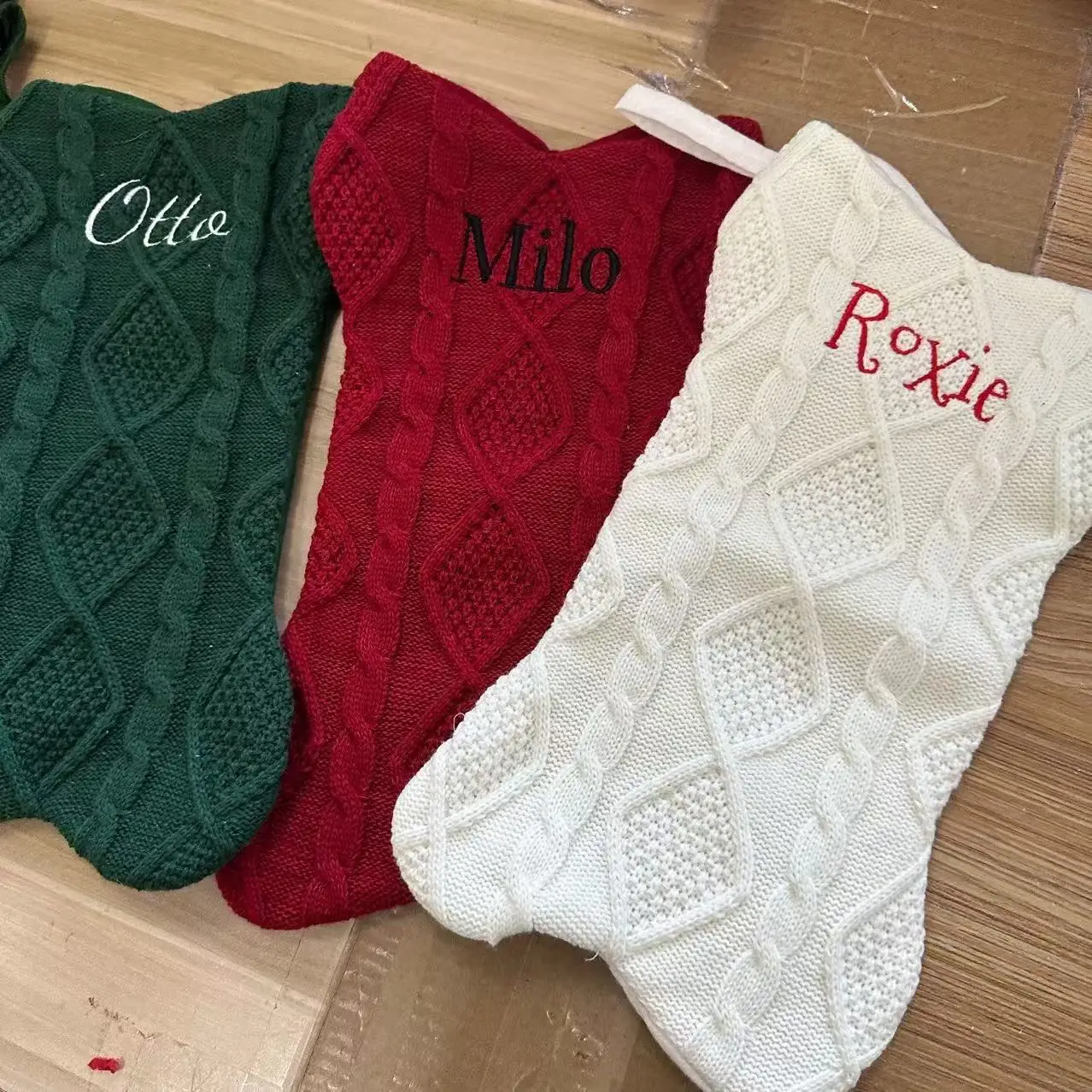 Personalized Knitted Family Stocking, Custom Name Dog Christmas Stocking, Embroidered Holiday Stocking, Xmas Decor Gifts