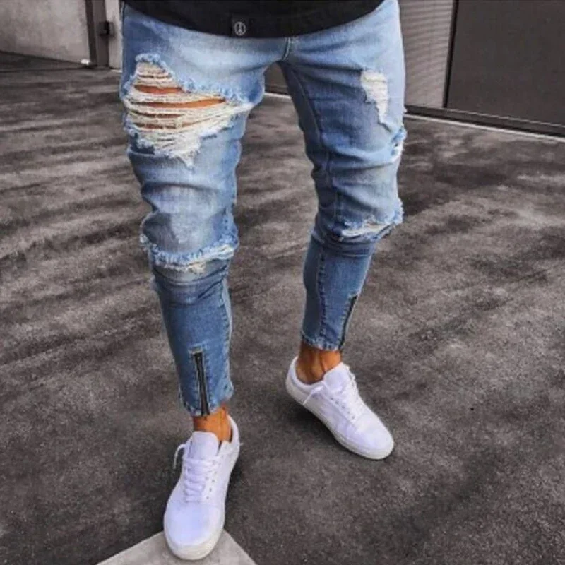 

Men Jeans Pencil Pant Denim Hole Long Pants Zipper Straight Trousers Pockets Splice Slim Fit High Waist Casual Autumn Winter