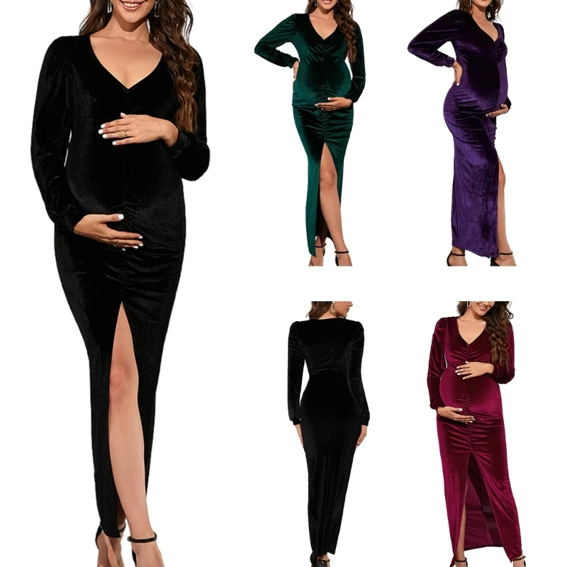 Elegant V Neck Long Sleeve Dress for Expecting Women Perfect for Parties and Special Occasions Dropship