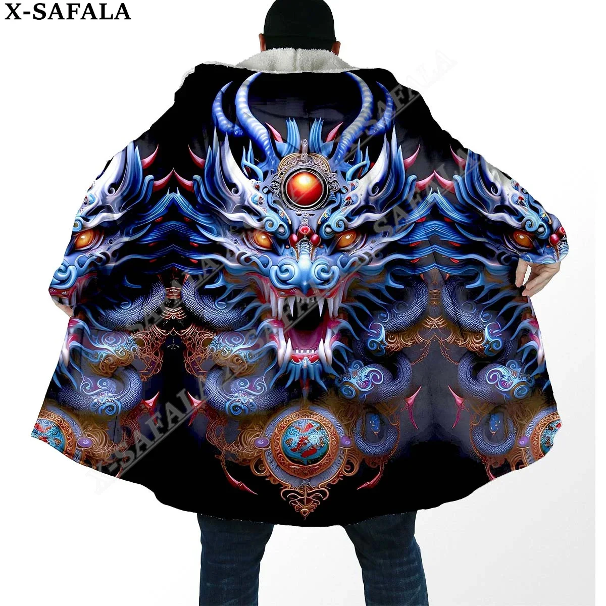 Myth Dragon Art Moon 3D Print Dream Cloak Thick Warm Hooded Men Overcoat Coat Windproof Fleece Cape Robe Blanket-5