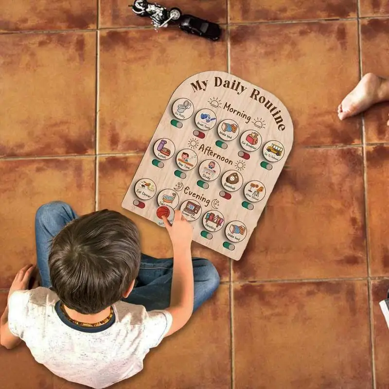 مخطط روتيني للأطفال الصغار، مخطط روتيني يومي وقت النوم الصباحي للأطفال، لوحات مخططة خشبية، مستلزمات مدرسية وقت النوم الصباحي
