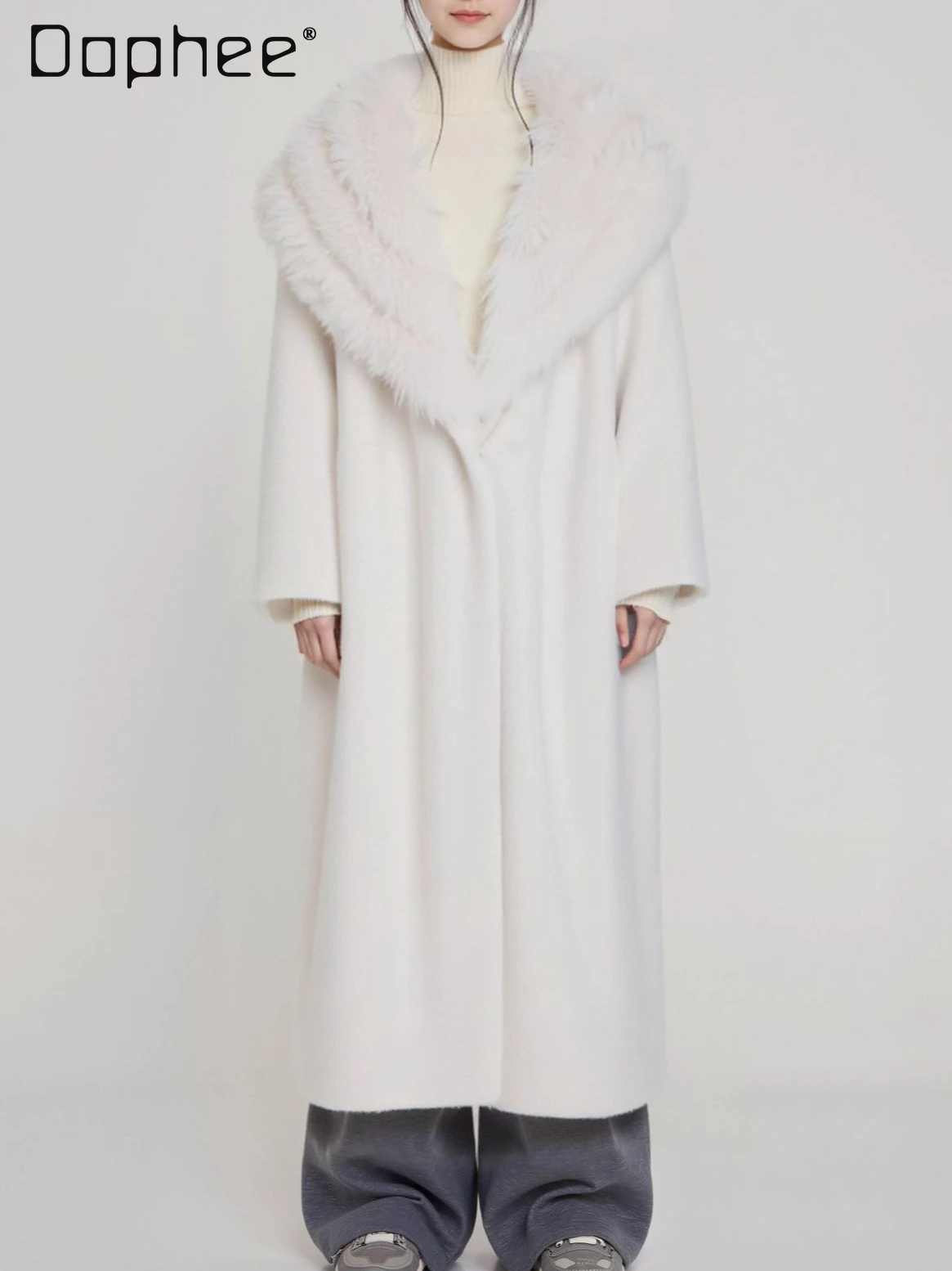 

Large Lapel Loose Casual Mid-length Wool Coat for Women Winter New Office Lady Fashion Versatile Thicken Warm Faux Fur Coat