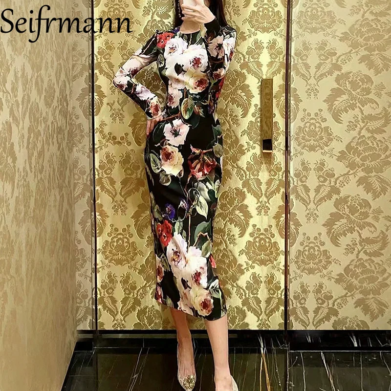 

Seifrmann модное сексуальное стильное женское платье с длинными рукавами и винтажным принтом, облегающие шелковые платья с запахом на бедрах