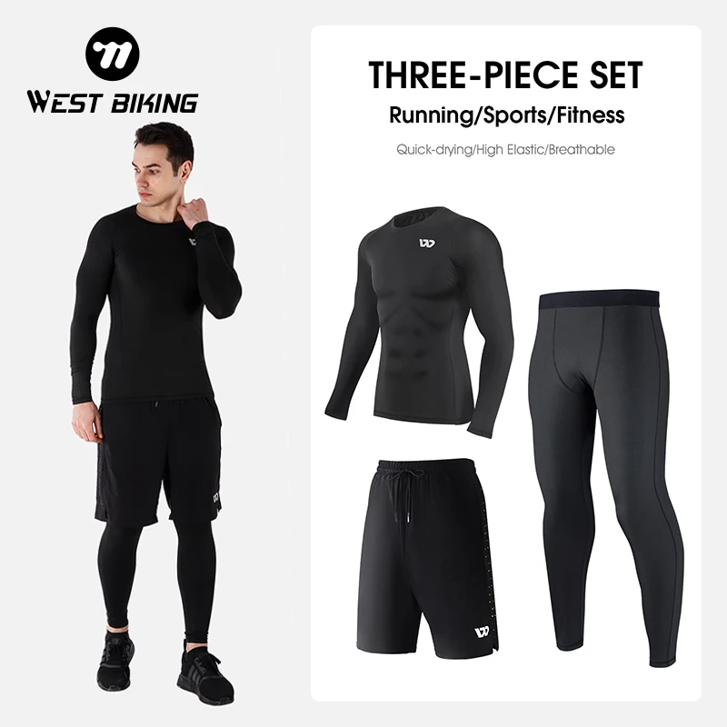 WEST BIKING Sports Suit Men Running Set Jogging Basketball Underwear Tights Sportswear Gym Fitness Outdoor Training Clothes