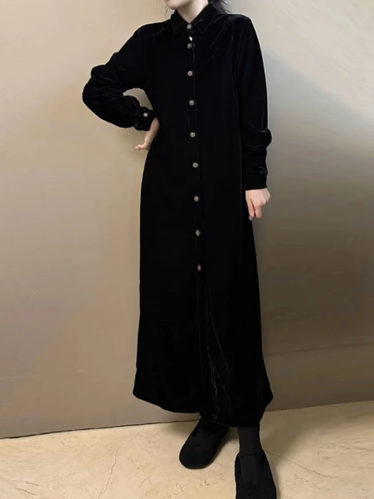 Black Fashion Long Sleeve Loose Midi Dress Slimming Casual Style Autumn New Arrival Women's Dress Single Button Closure