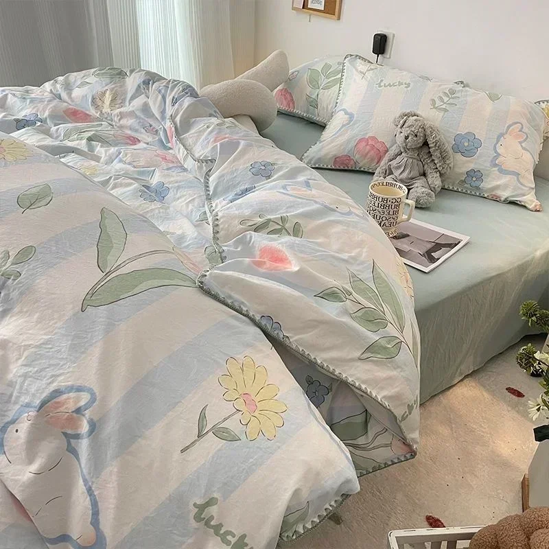 Bedding Set INS Girls Cherry  Soft Washed Cotton Bed Sheet Queen King Size Duvet Set  Comforter Set Pillowcase Bed Linens