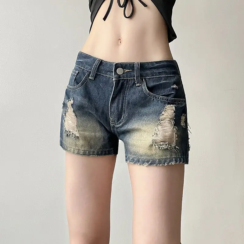 Denim Shorts Raw Edges Ripped Holes Low-Waisted Slim-Fitting American Hottie Washed Women'S Ultra-Short Hot Pants