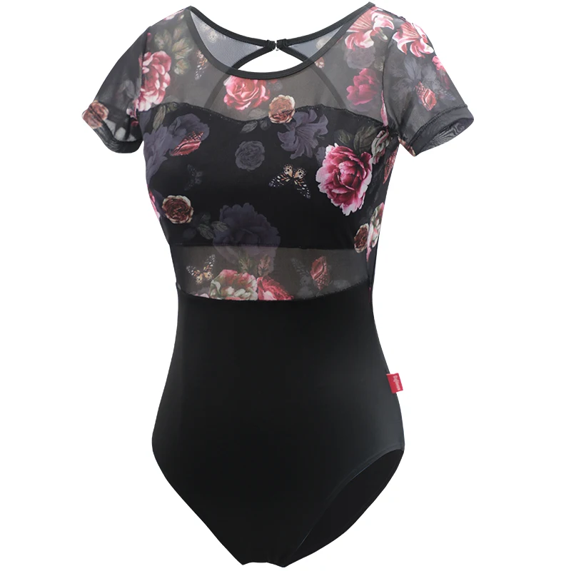 Women Ballet Leotards Backless Short Sleeve Floral Printing Patchwork Leotard Adult Girls Skate Pole Dancing Bodysuit Swimwear