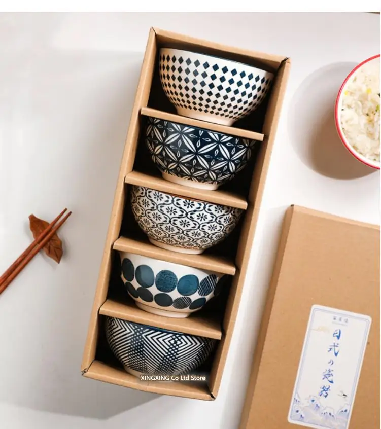 4.5 Inches Bowl Ceramic Kitchen Cutlery Set Japanese Style Personalized Rice Vintage Pattern Gift Box 5pcs