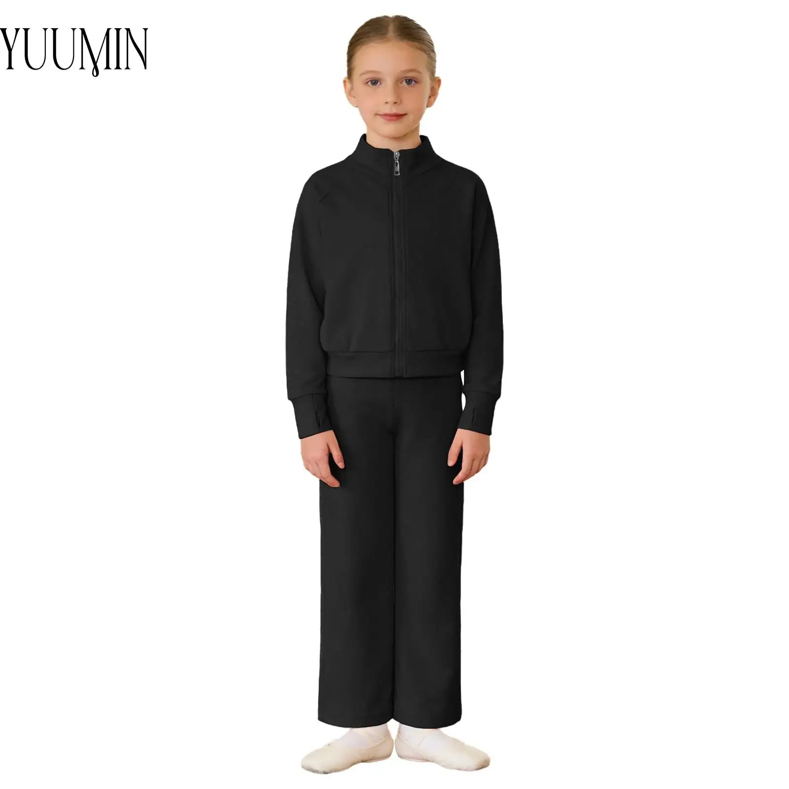 

Kids Girls Yoga Dance Practice Outfit Warm Thermal Sports Suit Long Sleeves Zipper Jacket+Pants Set for Workout Exercise Running