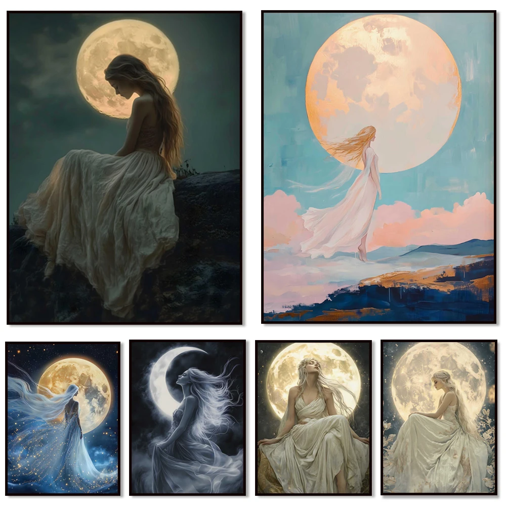 Selene print, moon goddess, woman and moon fantasy artwork, Greek mythology decorative poster, sacred feminine artwork