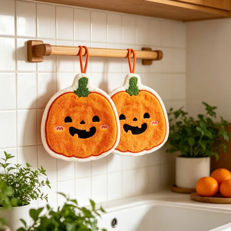 Halloween cute pumpkin lantern hanging towel, soft coral fleece absorbent quick drying towel, kitchen and bathroom decoration to