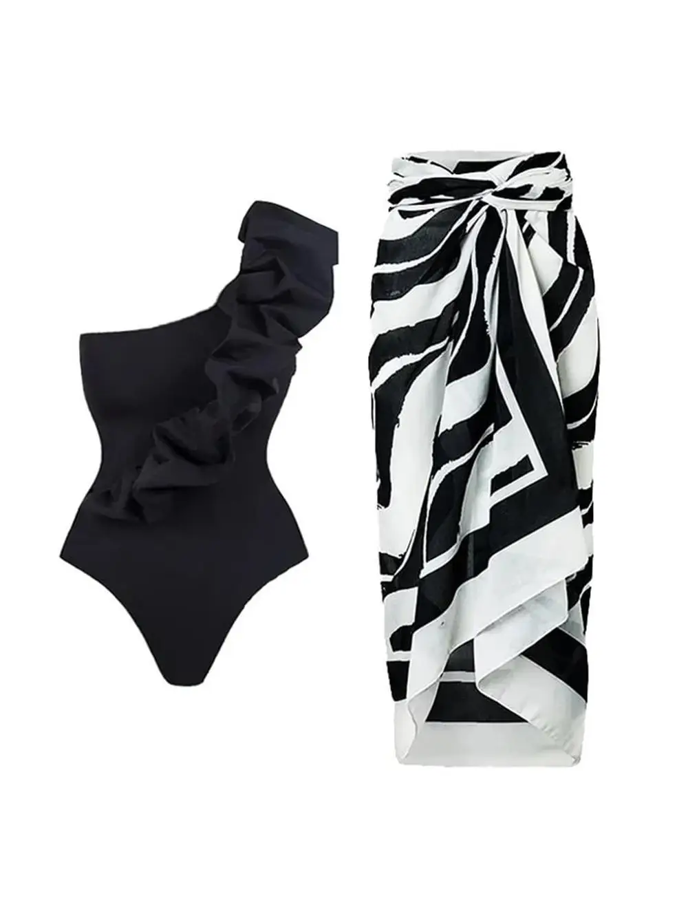 

Printed One-Piece Swimsuit Set with Skirt Casual Surfing Swimwear Qui Dry No Sve Polyester Fabric Fitn Beau Scene