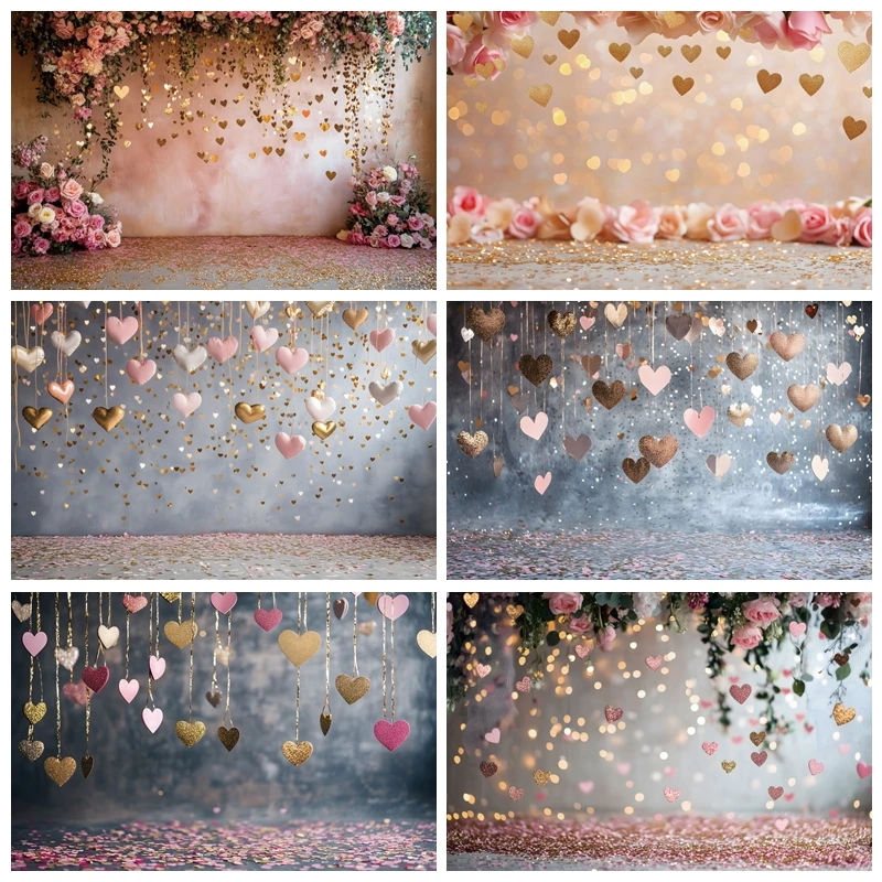 February 14th Valentine's Day Backdrop Photography Glitter Love Heart Rose Flowers Couple Portrait Photographic Background Props