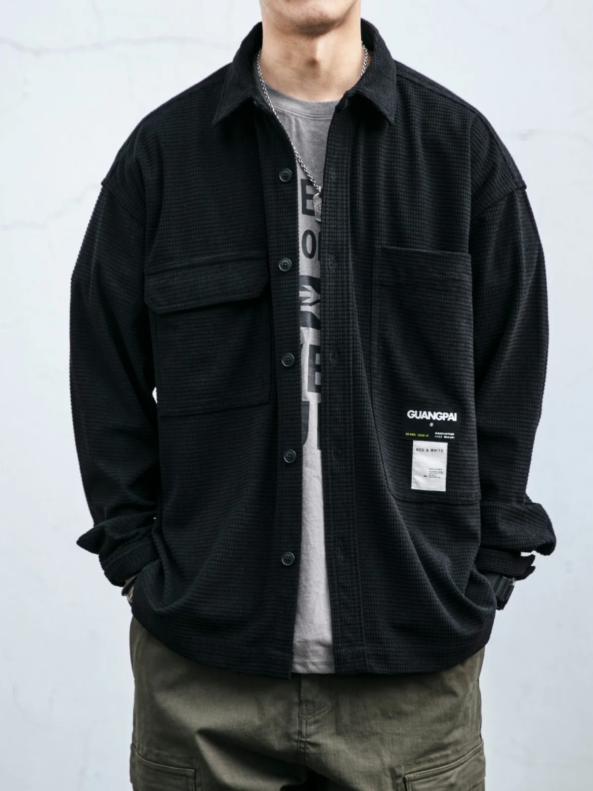 

Loose Casual Long Sve Men's irt Retro Trendy Workwear Jaet Heavyweight Wfle Pattern Spring Autumn Versatile Outerwear