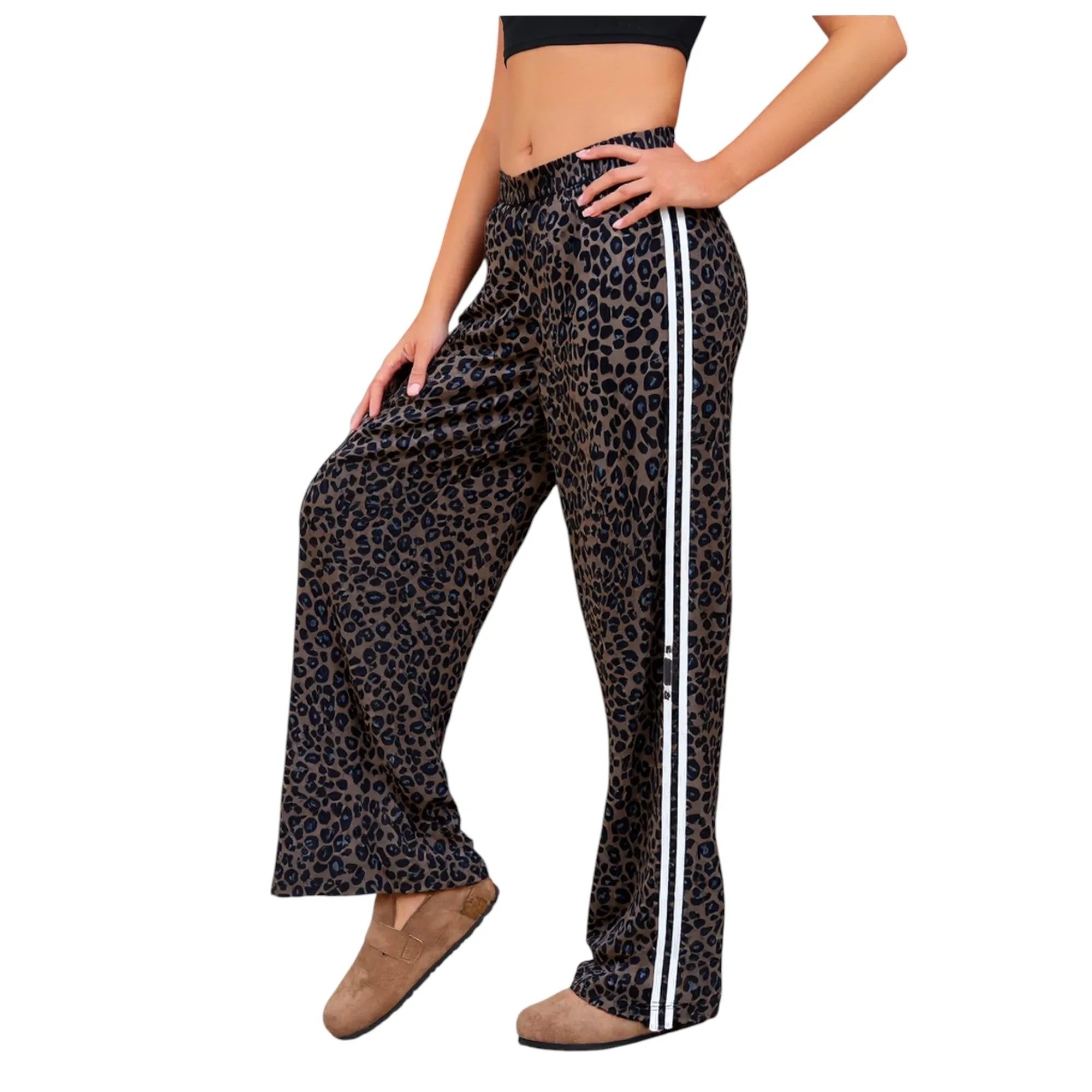 Pantalones con estampado de leopardo para mujer, pantalones guepardo de cintura alta para mujer, pantalones elásticos de pierna ancha, pantalones casuales de moda de otoño