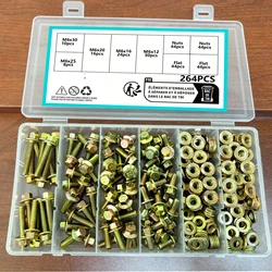 M6-264PCS flange hex head bolt nut washer kit, 8.8 grade alloy steel color galvanized metric flange hex head screw kit