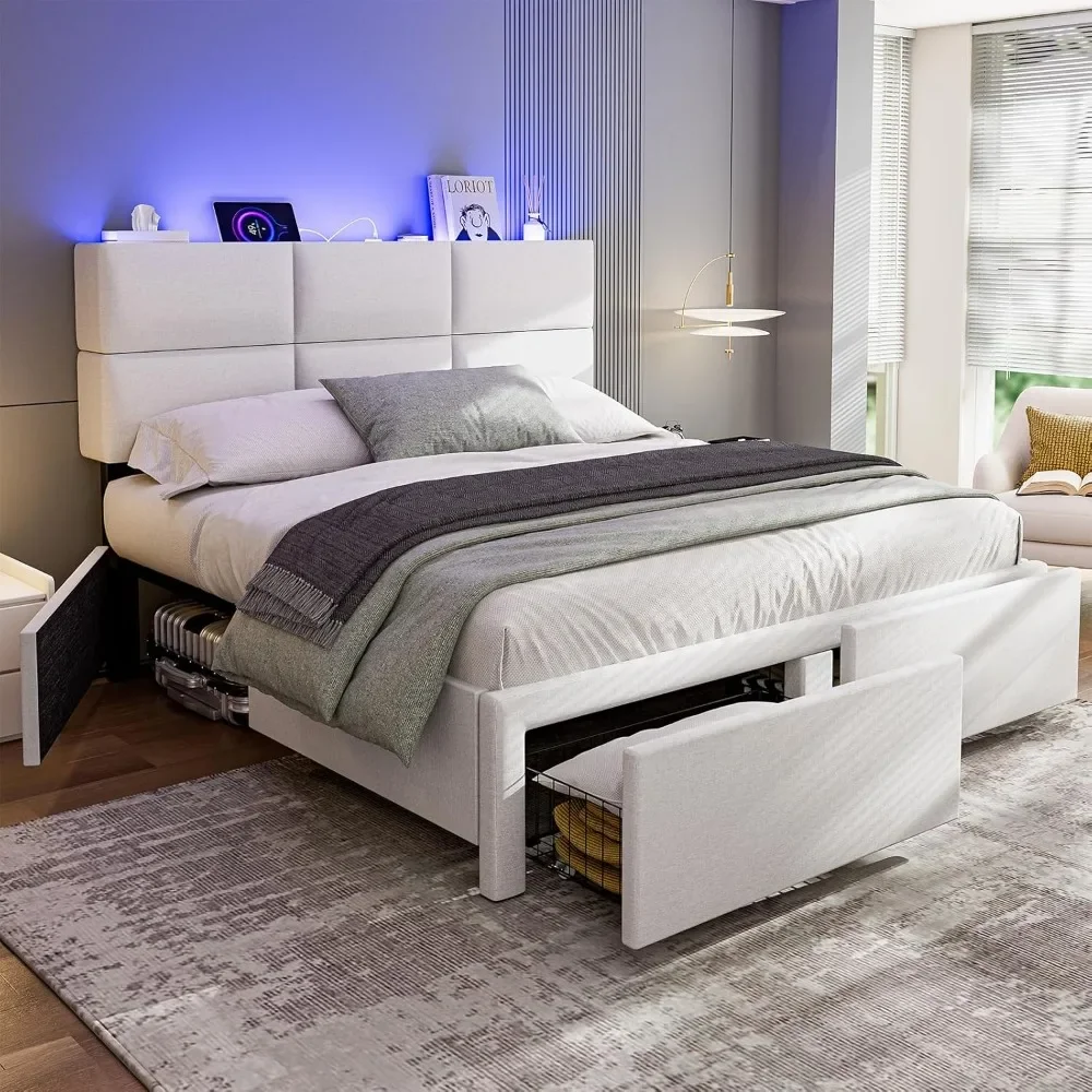 

Bed Frame with Storage Underneath and Drawers, Upholstered Platform Bed Frame with LED Headboard/Charging Station