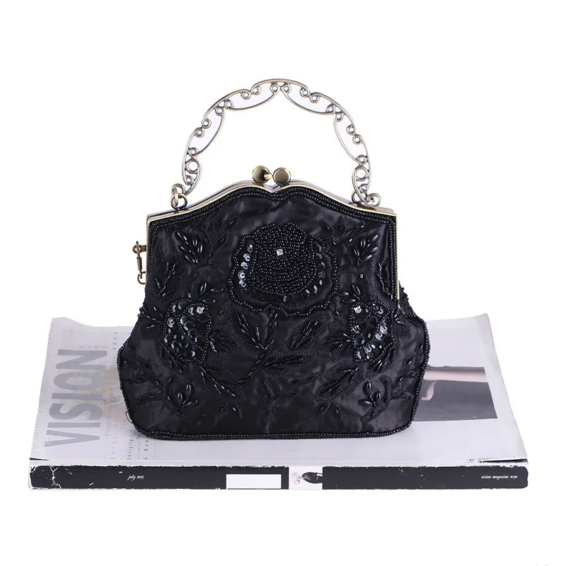 Vintage Embroider Beading Evening Bag Women Metal Handle Top-Handle Bag Phone Cosmetic Evening Bag Party Beaded Lace Handbags