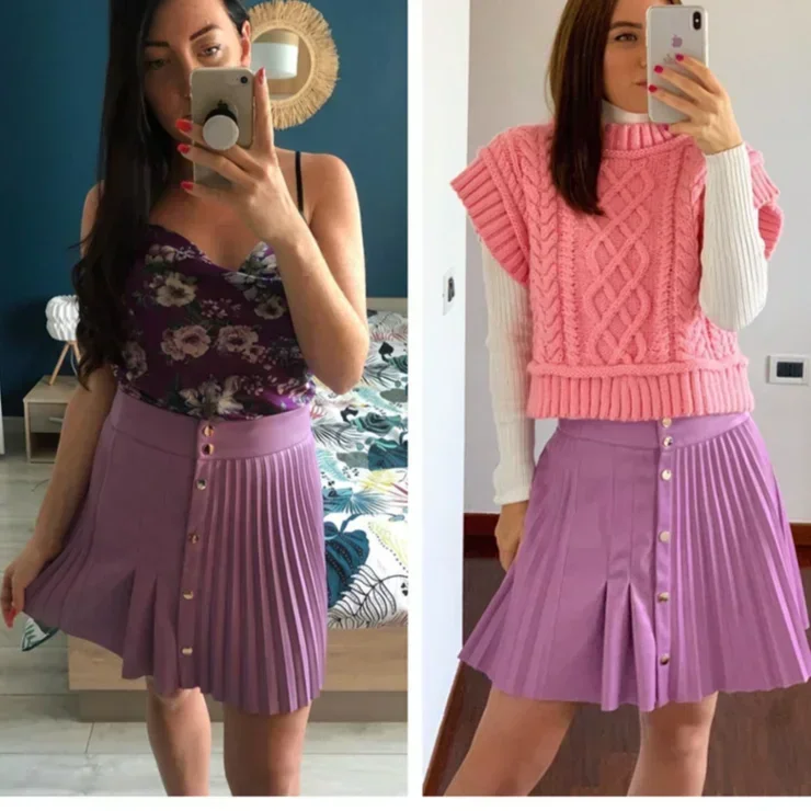 

Slim A-line Solid Color Drape Female PU Half Skirt High Waist Sexy Fashion Y2k Skirt Ladies Pleated Single-breasted Short Skirt