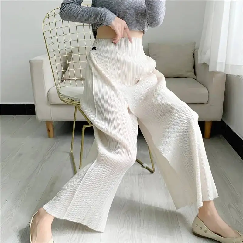 New Pleated Summer Straight Skirt Pants Asymmetric Loose Elastic Slimming Casual Patchwork Design Trousers Chic 2AS8V
