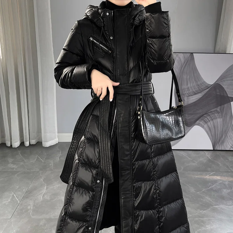 Ladies Winter Long Down Jacket High Grade Zipper Belt Black Navy Blue Down Coat Down Jacket Women Coats