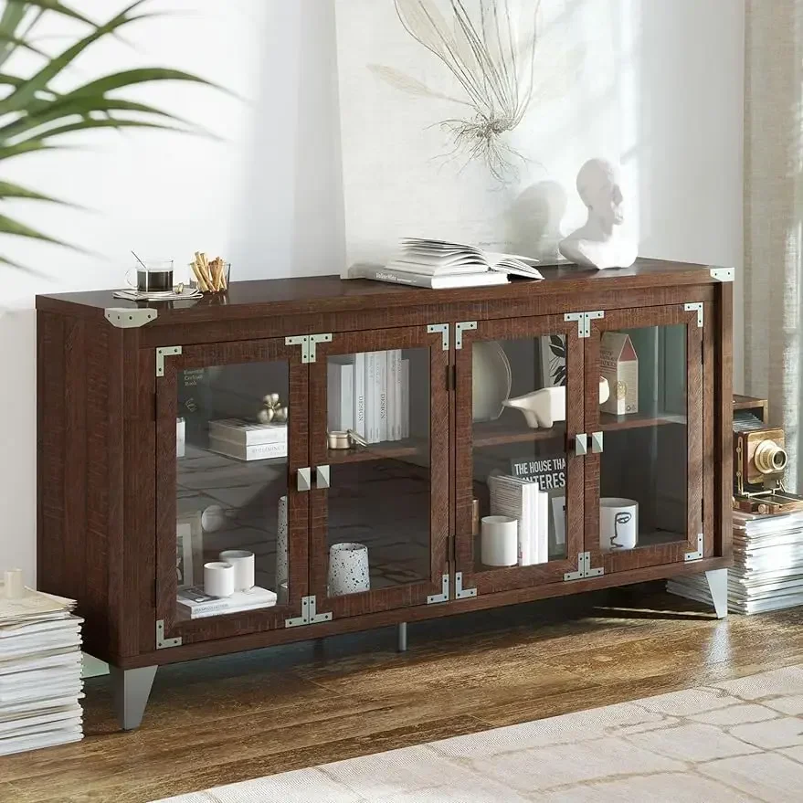 

VanAcc Kitchen Buffet Cabinet, 63'' Farmhouse Coffee Bar, 4 Doors Sideboard Table with Adjustable Shelves