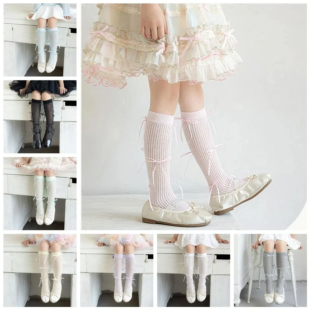 

Solid Color Balletcore Socks Ribbon Bow Autumn&Winter Mid-Tube Hosiery Cloth Accessories Korean Style Thin Stockings Toddle
