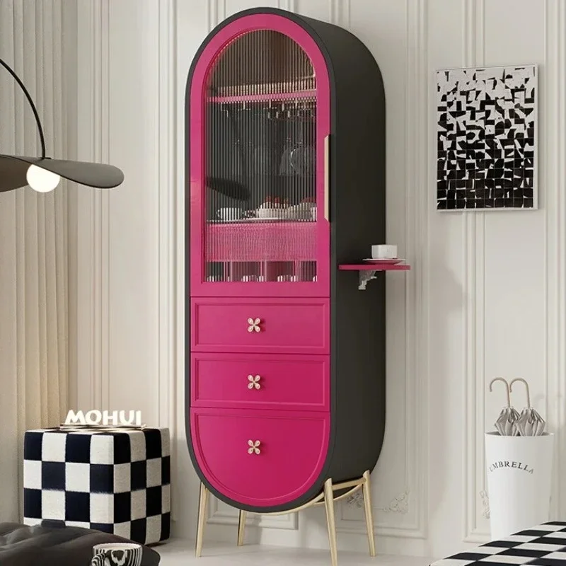 Single Door Wine Cabinet Rose Red Changhong Glass Cabinet Integrated Dining Side Dopamine Display Cabinet