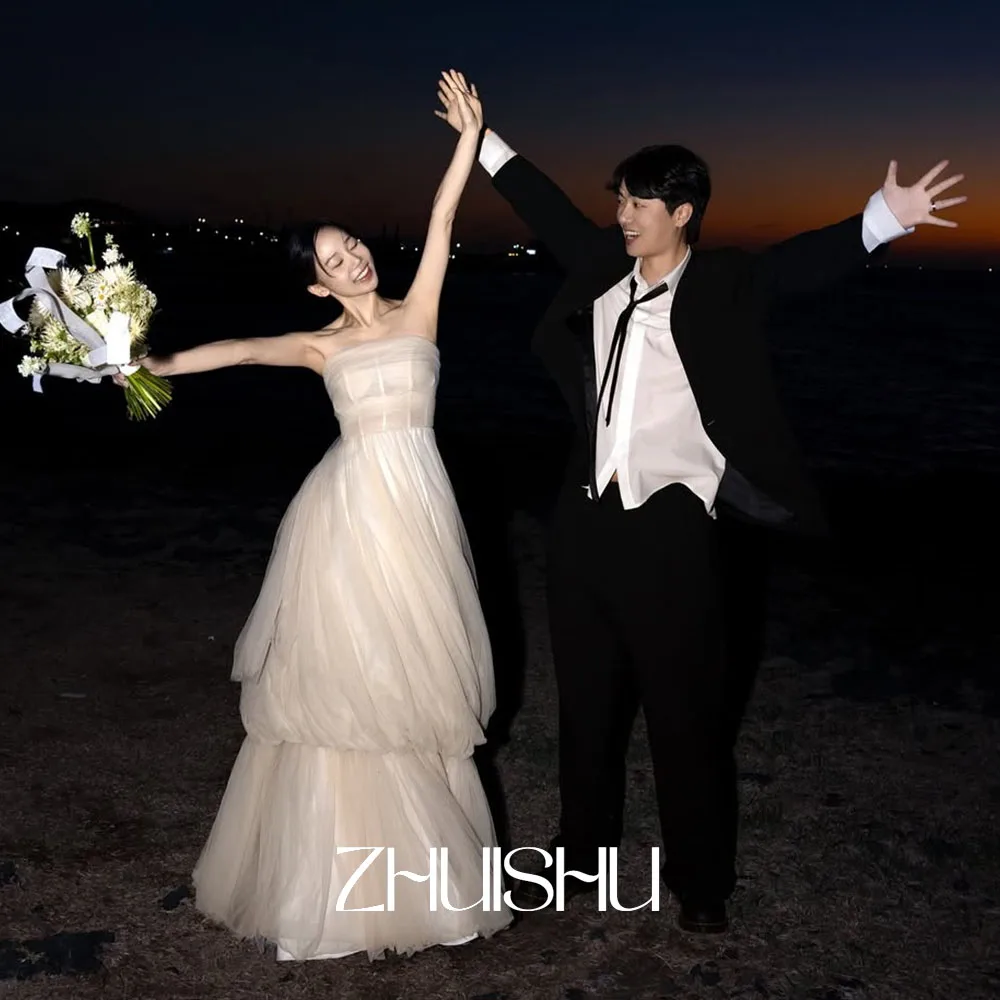 ZHUISHU 우아한 한국 웨딩 스냅 드레스 스트랩리스 티어드 소프트 튤 브라이덜 가운 맞춤형 A라인 이브닝 파티 드레스 2025