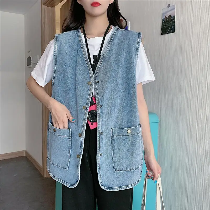 Large Size Denim Vest Women Spring Autumn Loose Fitting Outerwear Sleeveless Cargo Denim Vest Tank Top Jacket Streetwear