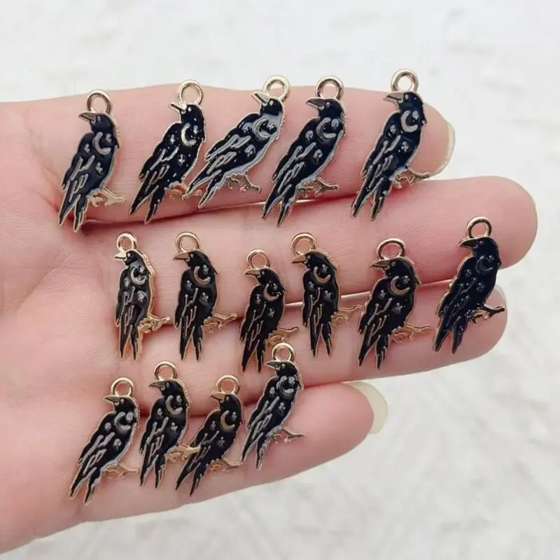 15pcs Black Gothic Style Alloy Gold Crow Star Moon Phase Tombstone Hand Dripping Oil DIY Jewelry Accessories Wholesale