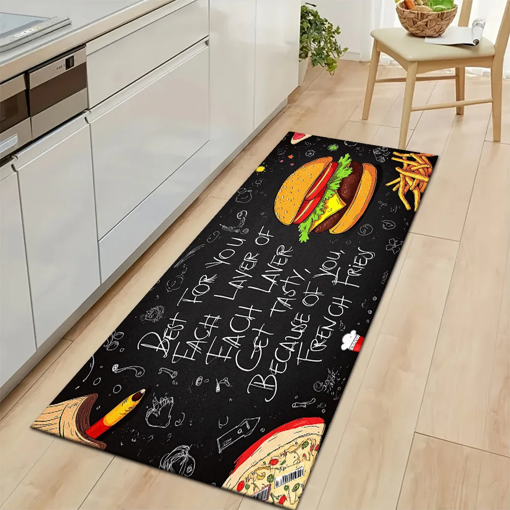 Chalk Drawing Fast Food Burger Fries Pizza Hand Letter Floor Runner Rug, washable mat for damp kitchen entry daily home decor