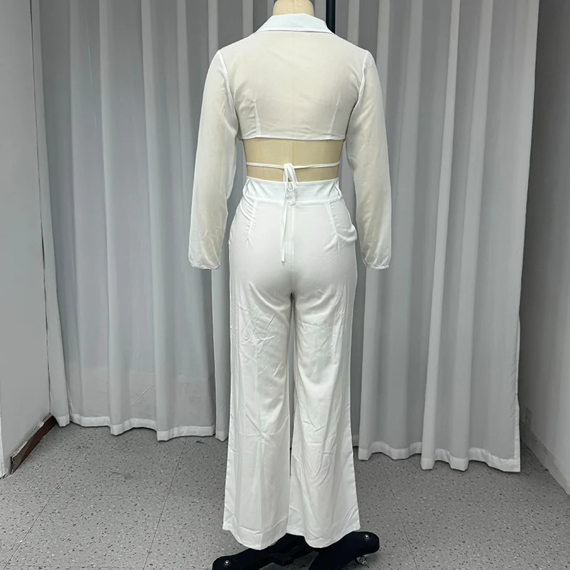 Waytobele, conjunto de dos piezas para mujer, moda Sexy de verano, sólido, manga larga, solapa, transparente, cruzado, con cordones, Top, conjuntos de pantalones sueltos