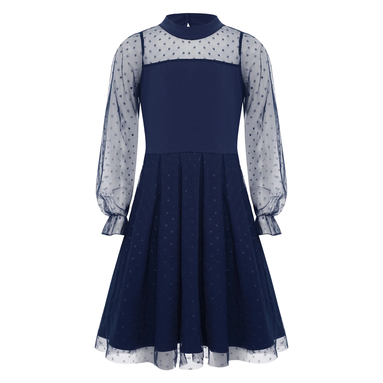 

Kids Girls Dresses Mock Neck Long Puff Sleeves Dots Sheer Mesh Patchwork Ruffled Dress Gown for Birthday Party Wedding Vacation