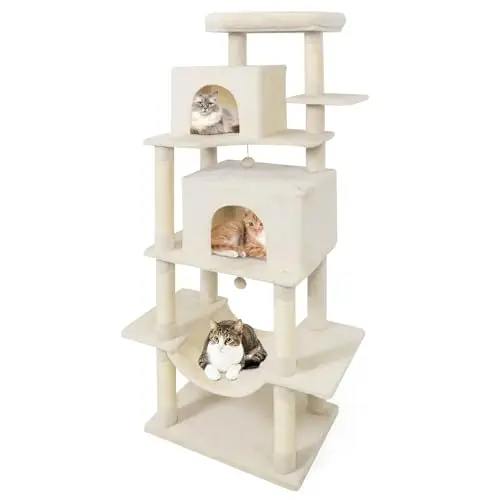 70 Inch Tall Cat Tree, Multi-Level Large Cat Tower with Sisal Scratching Posts, Plush Top Perch, 2 Condos, Hammock, 2