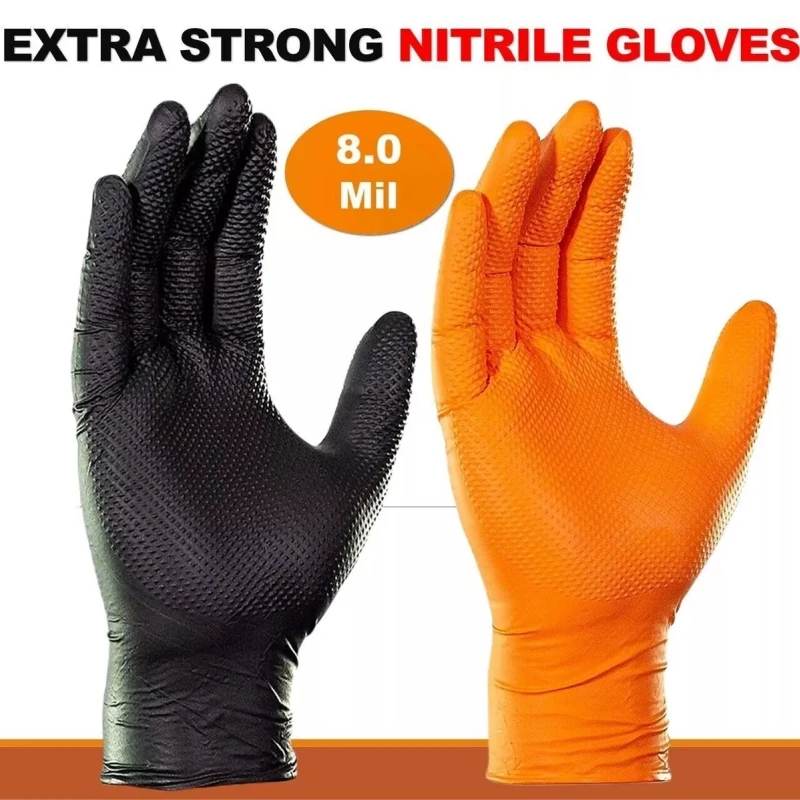 8Mil Heavy Duty Black Nitrile Gloves Diamond Textured Safety Work Gloves for Household Gardening Industrial Mechanic Auto Gloves