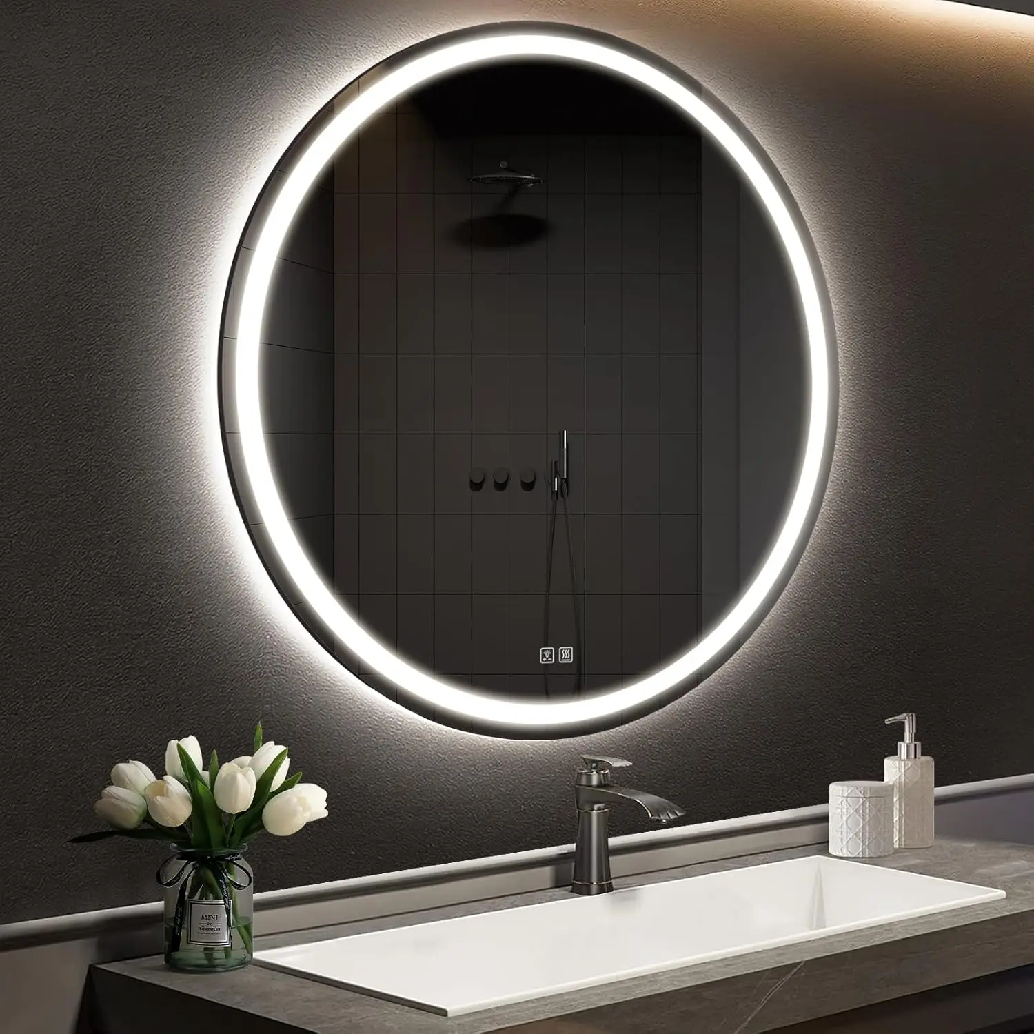 LED-Badezimmerspiegel, 60/80 cm, rundes gehärtetes Glas, explosionsgeschützt, beschlagfrei, dimmbar, 3-farbig, LED-Wandspiegel mit Memory-Funktion